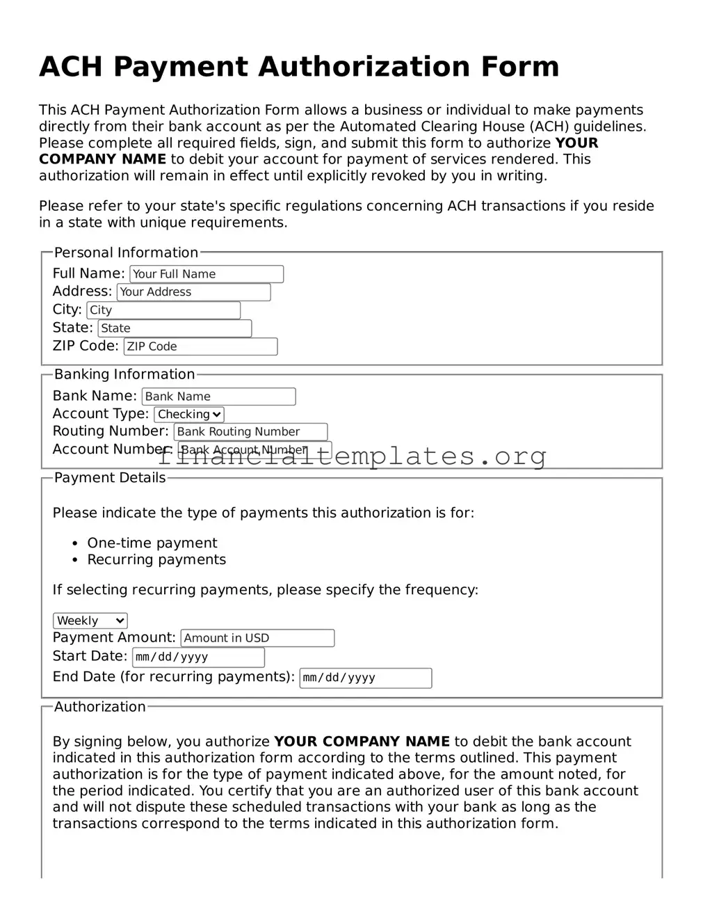 Blank ACH Payment Authorization Form Form