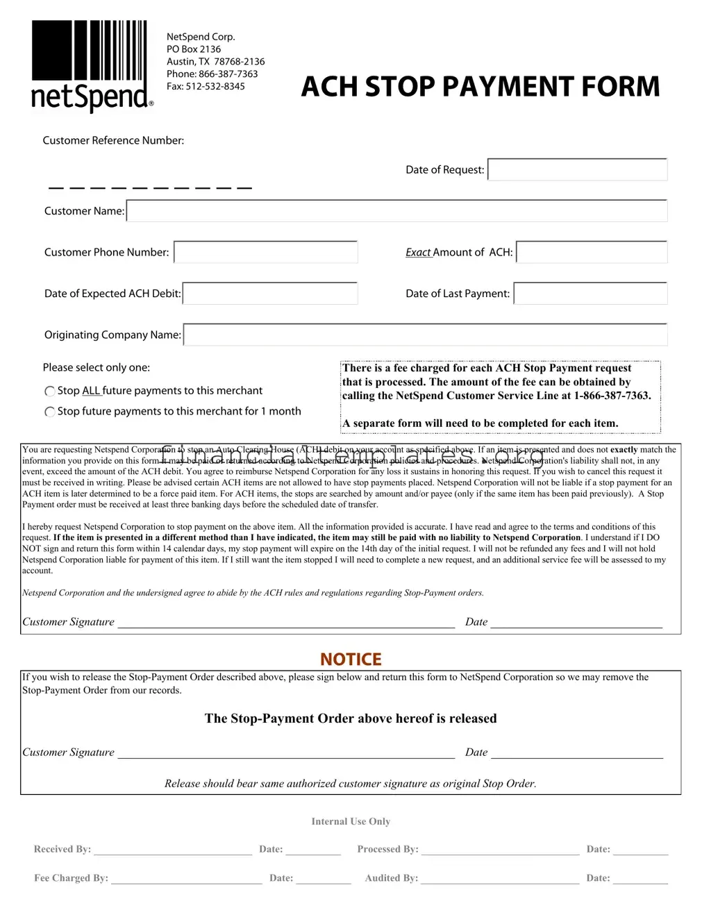 Get Ach Stop Payment Form