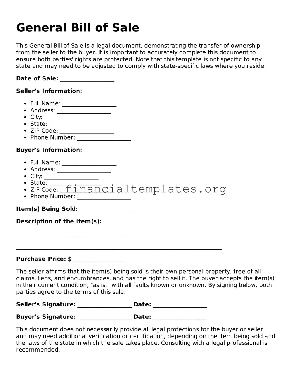 Blank General Bill of Sale Form