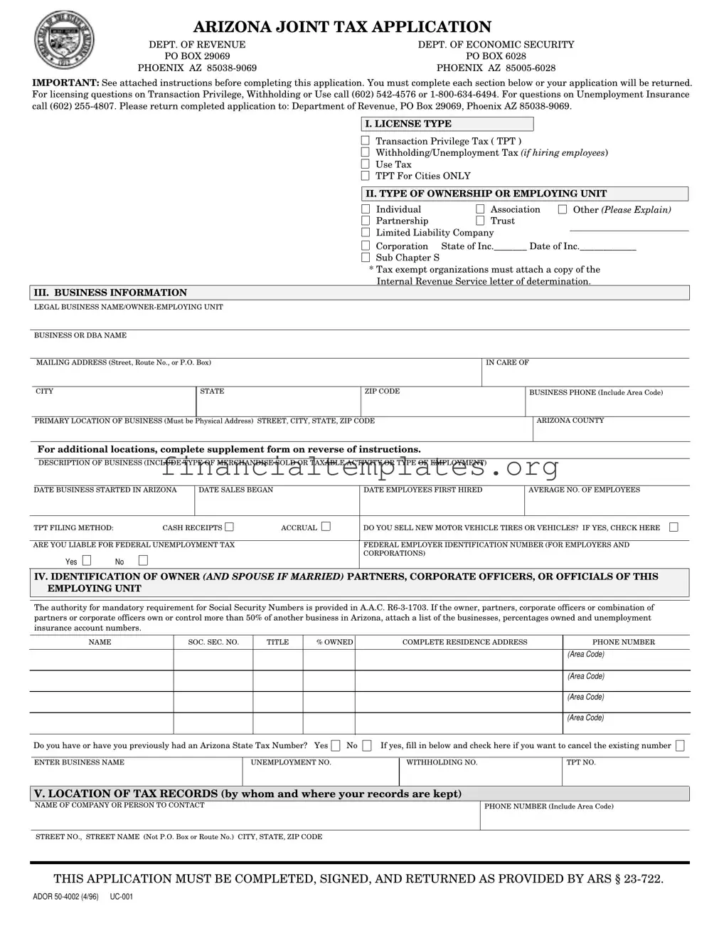 Get Arizona Joint Tax Application Form
