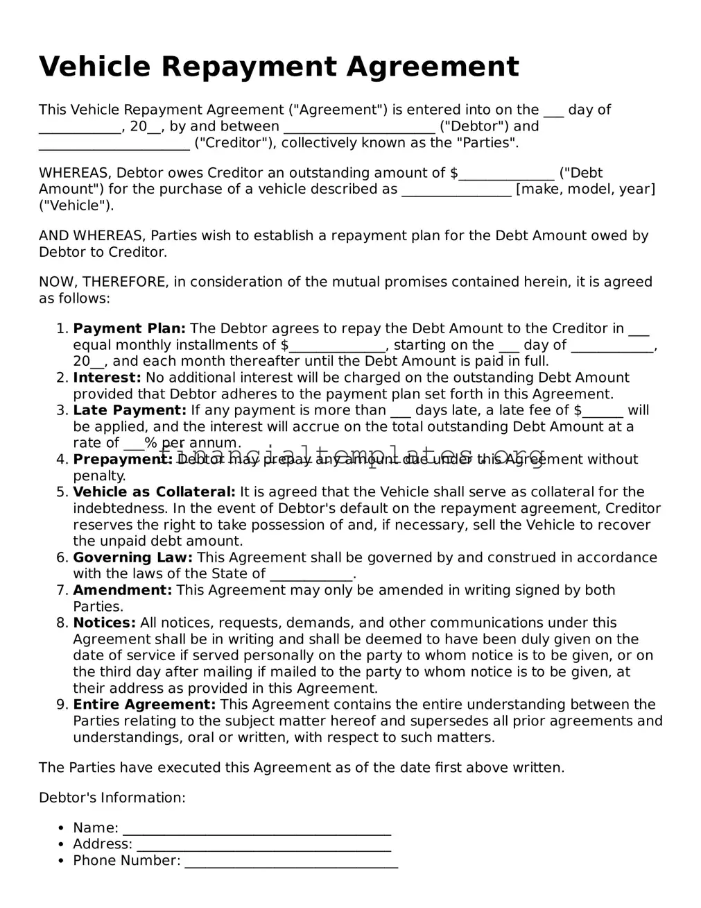 Blank Vehicle Repayment Agreement Form