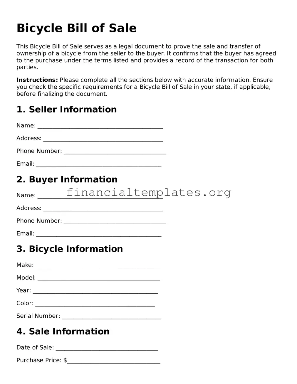 Blank Bicycle Bill of Sale Form