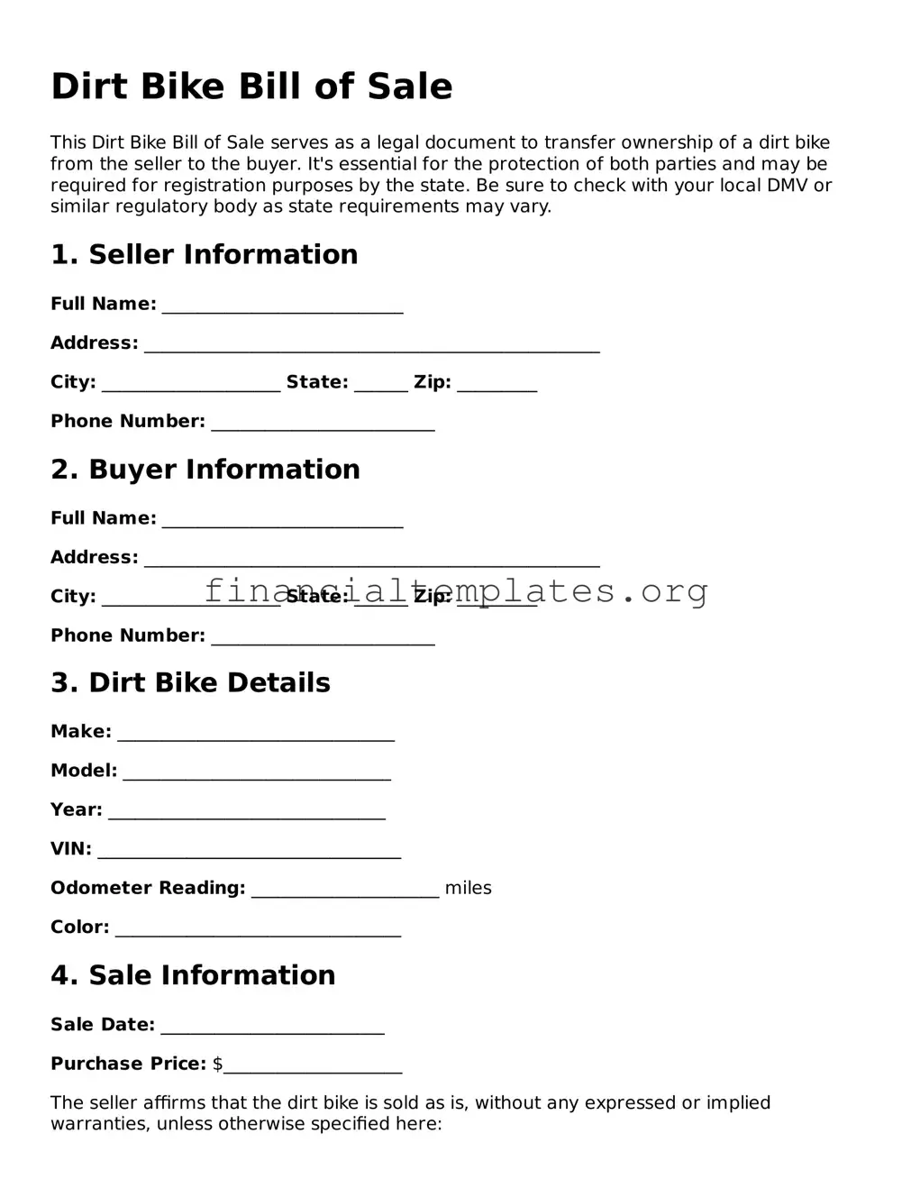 Blank Dirt Bike Bill of Sale Form