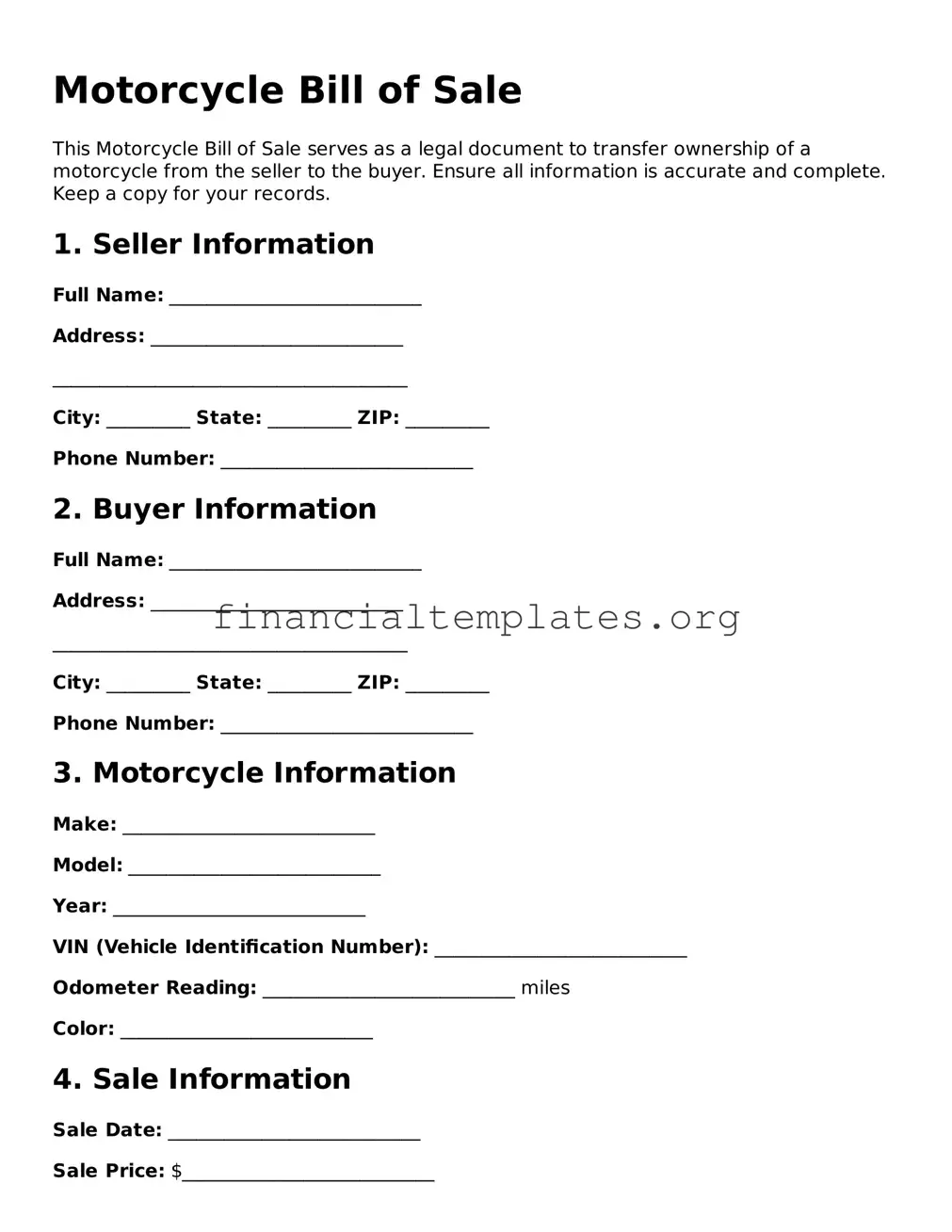 Blank Motorcycle Bill of Sale Form