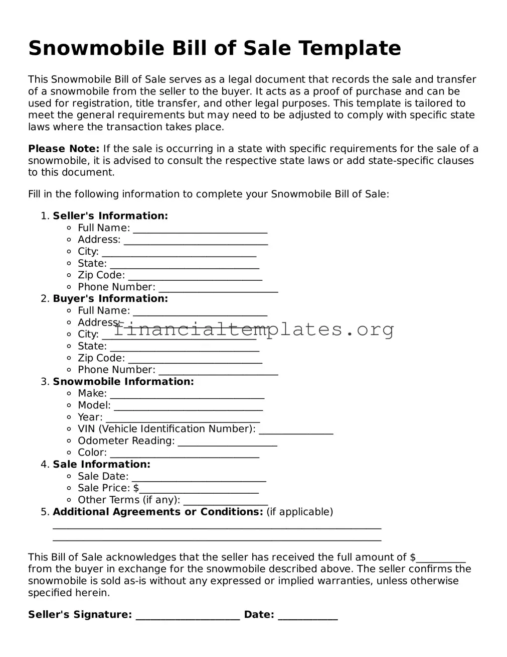Blank Snowmobile Bill of Sale Form