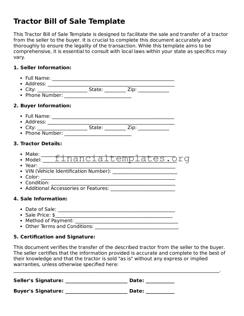 Blank Tractor Bill of Sale Form