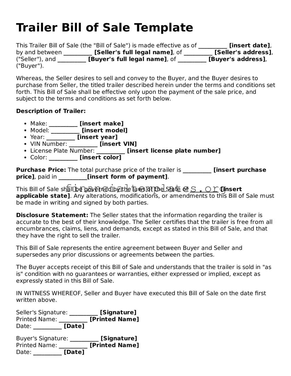 Blank Trailer Bill of Sale Form
