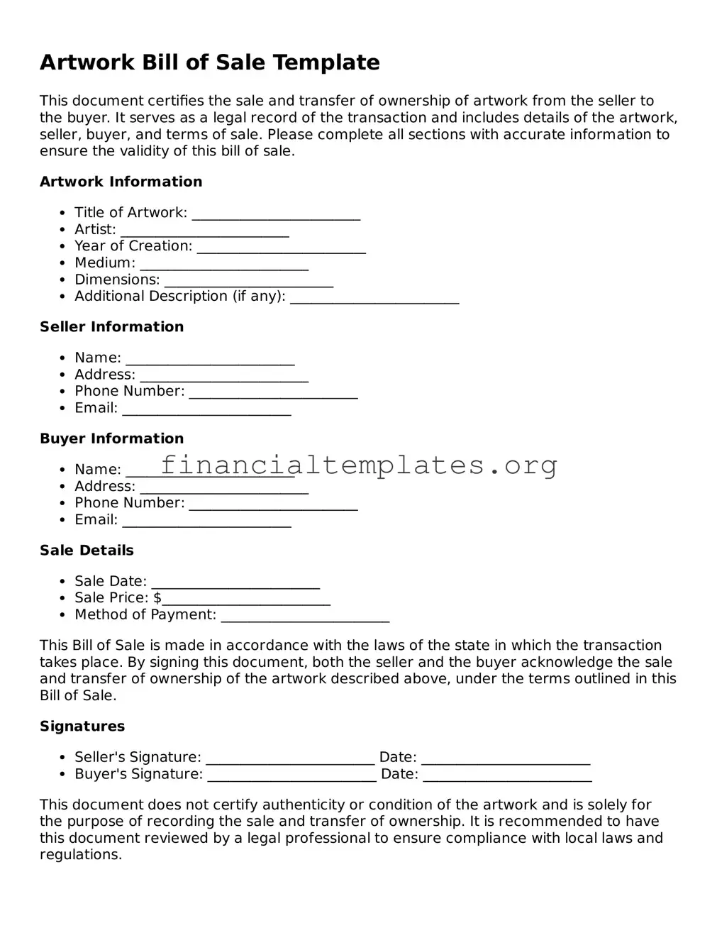 Blank Artwork Bill of Sale Form