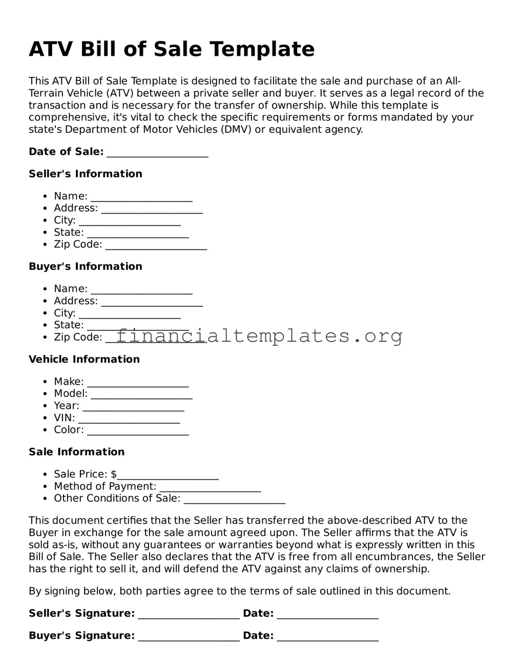Blank ATV Bill of Sale Form