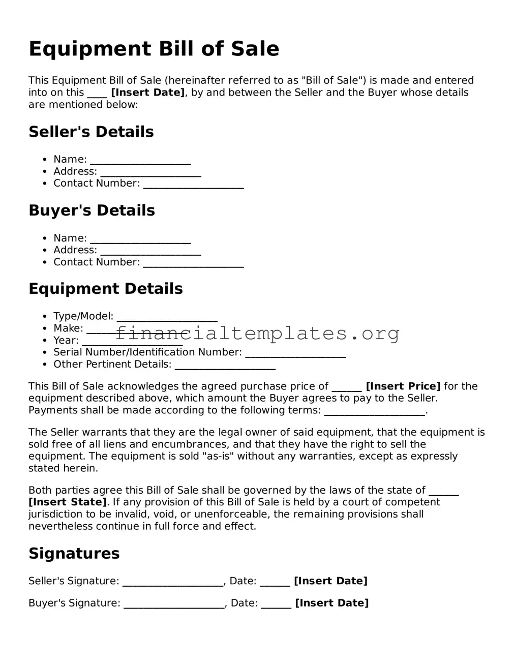 Blank Equipment Bill of Sale Form