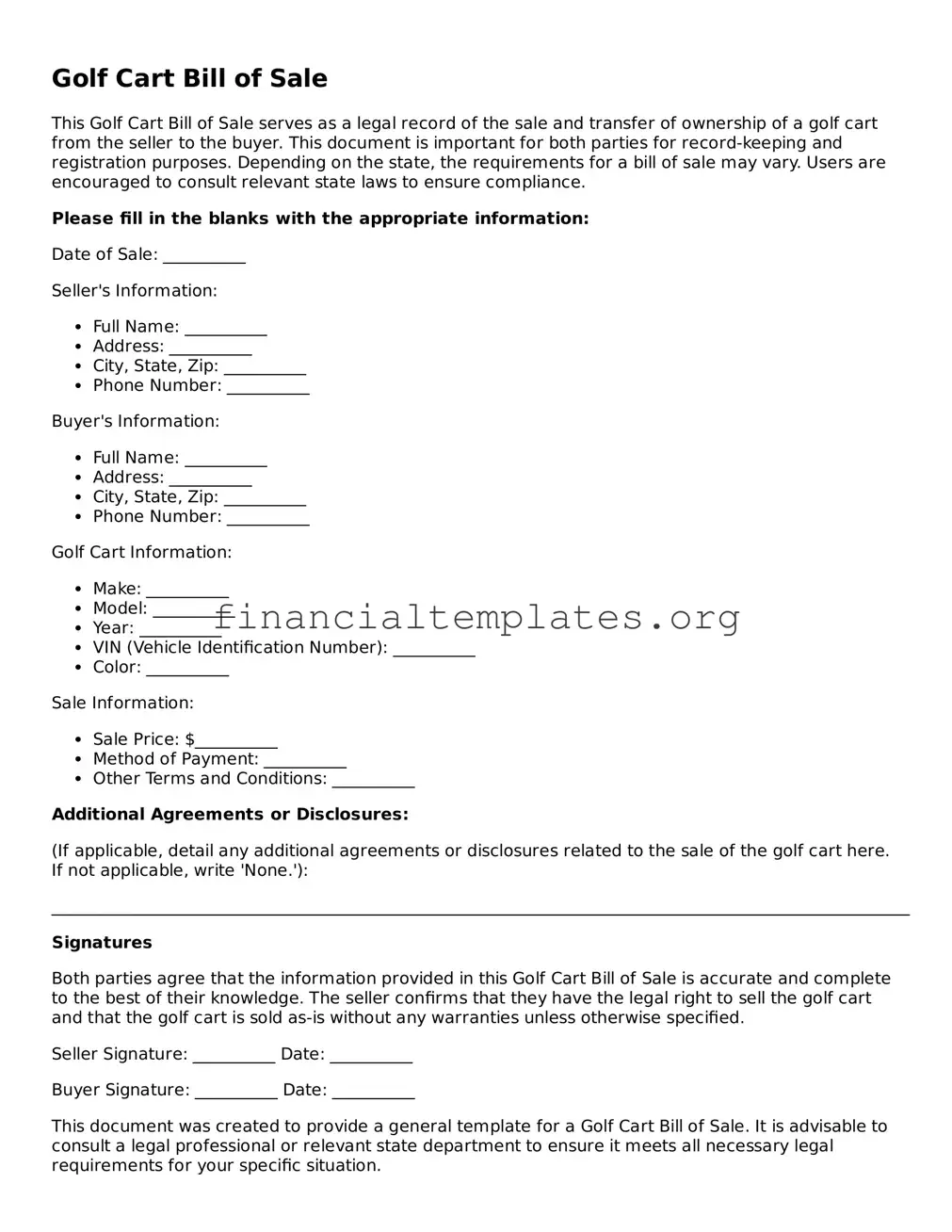 Blank Golf Cart Bill of Sale Form