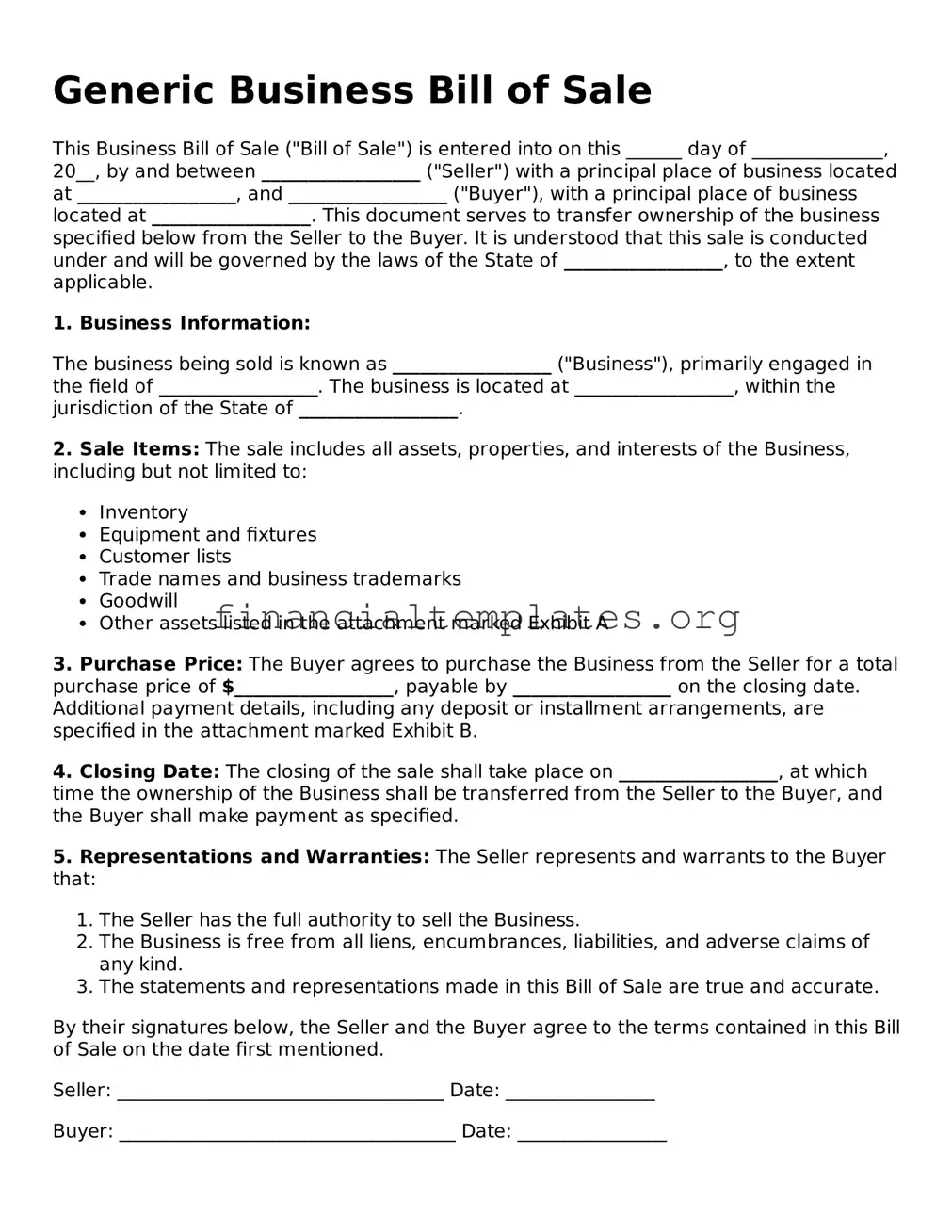 Blank Business Bill of Sale Form