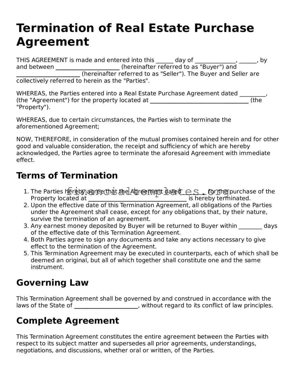 Blank Termination of Real Estate Purchase Agreement Form