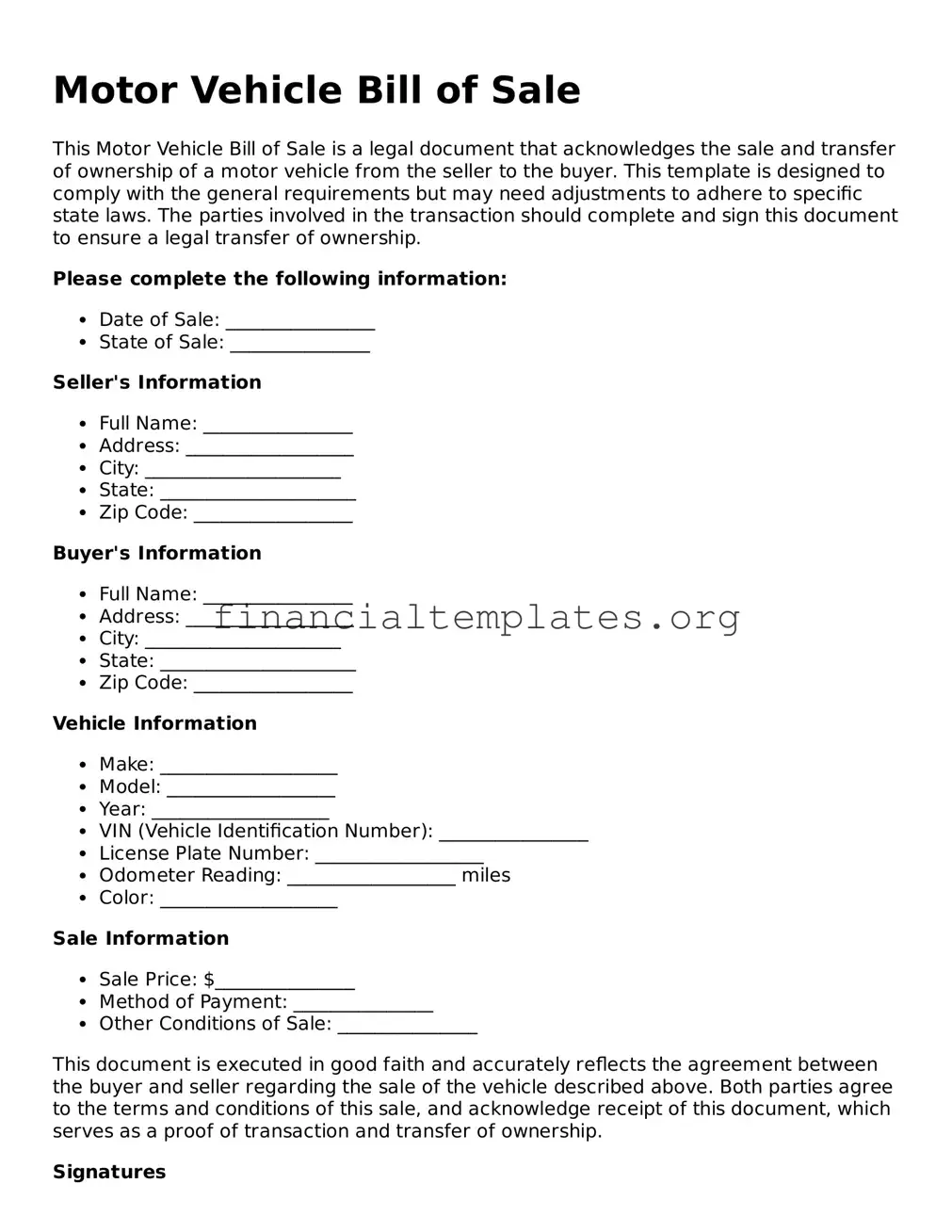 Blank Motor Vehicle Bill of Sale Form