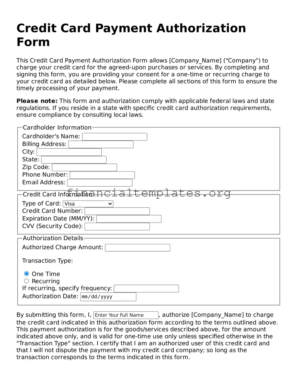 Blank Credit Card Payment Authorization Form