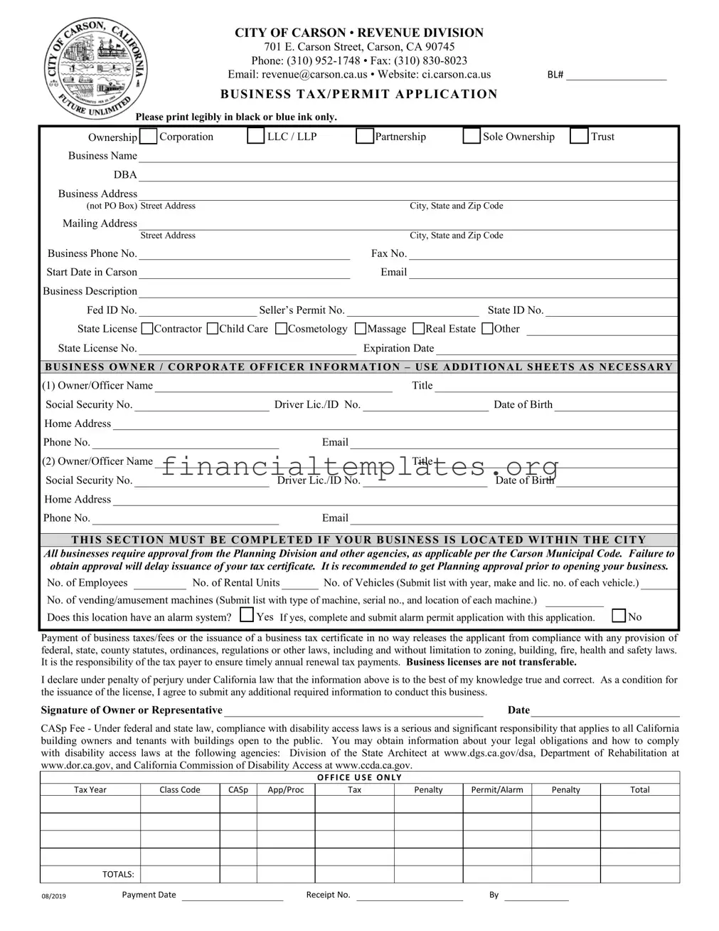 Get City Of Carson Business Tax Permit Form