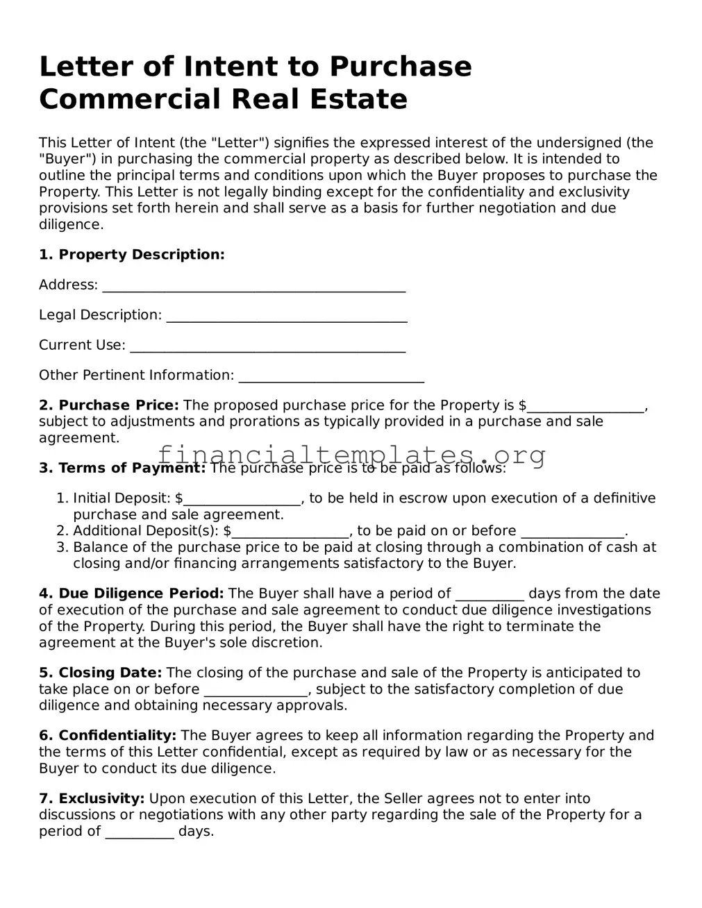 Blank Letter of Intent to Purchase Commercial Real Estate Form