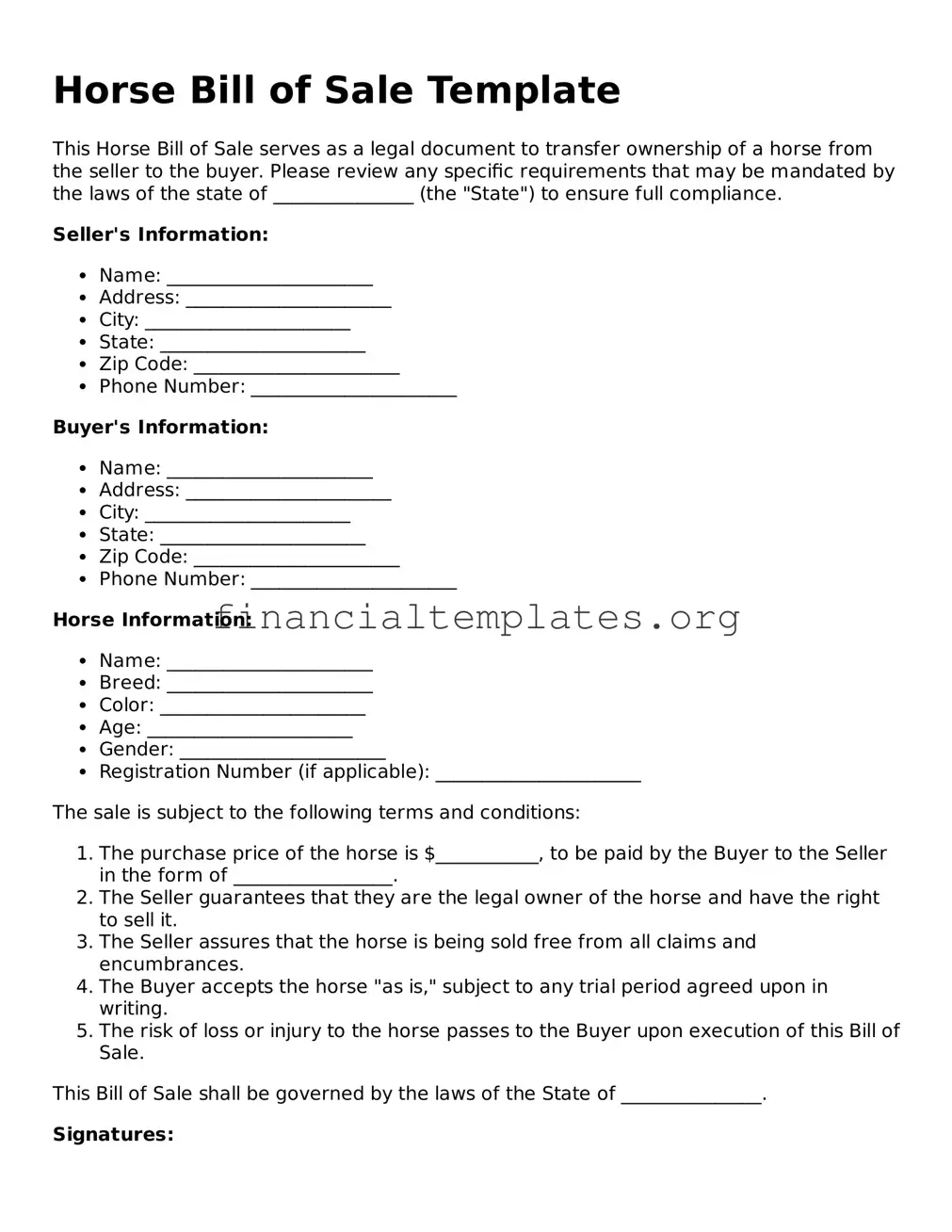 Blank Horse Bill of Sale Form
