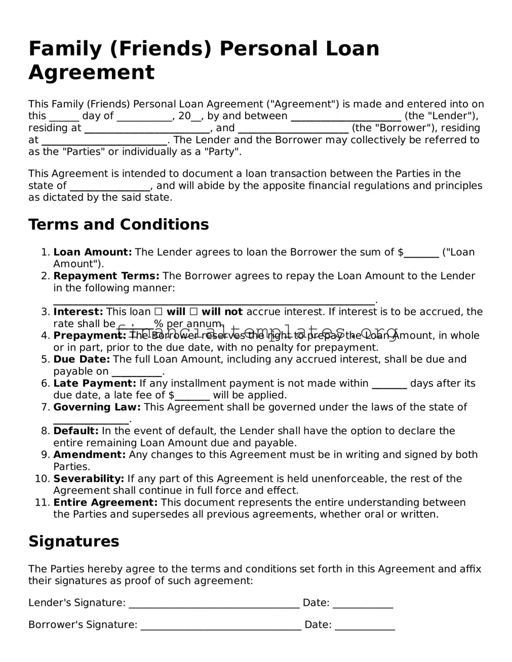 Blank Family (Friends) Personal Loan Agreement Form
