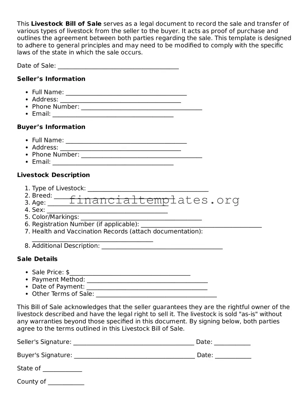 Blank Livestock Bill of Sale Form
