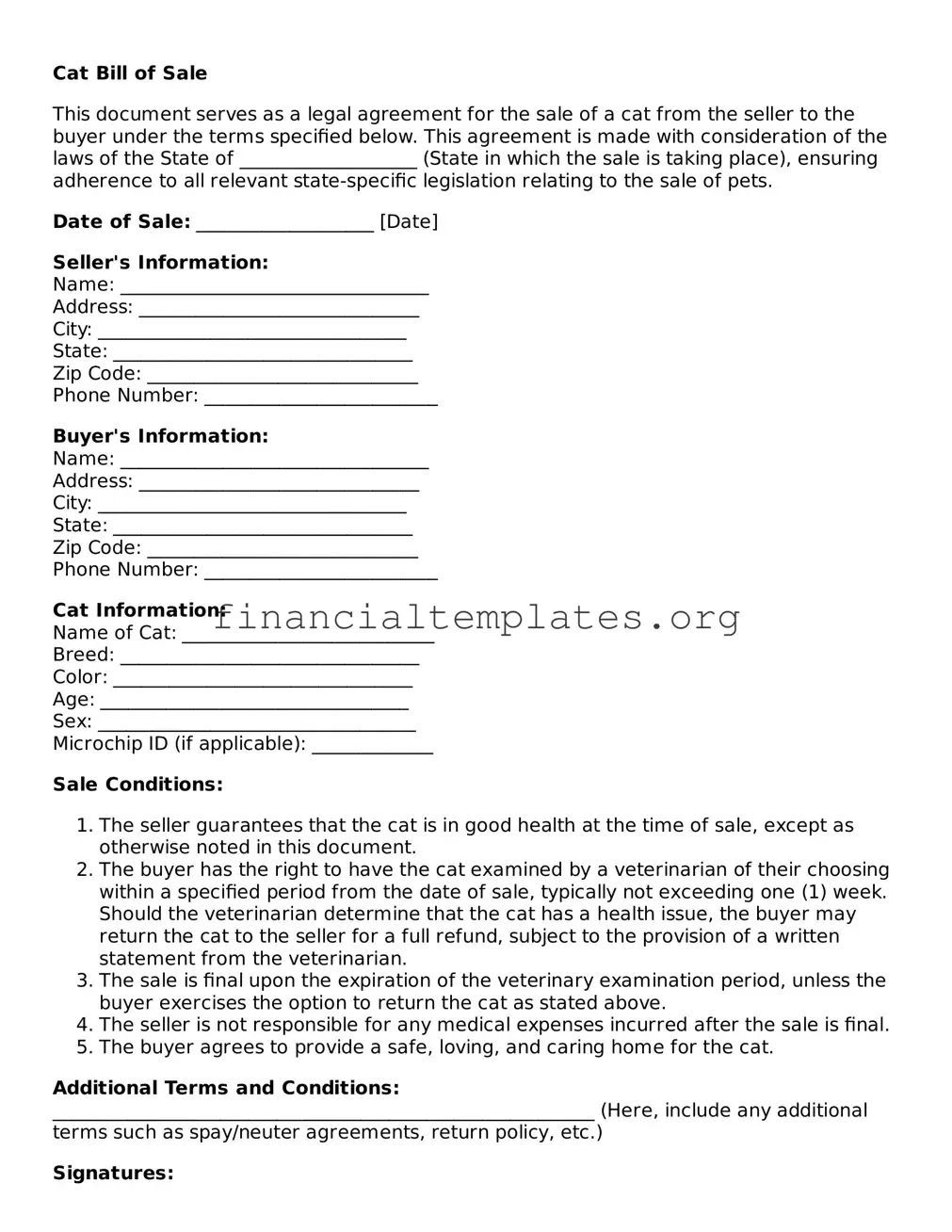 Blank Cat Bill of Sale Form