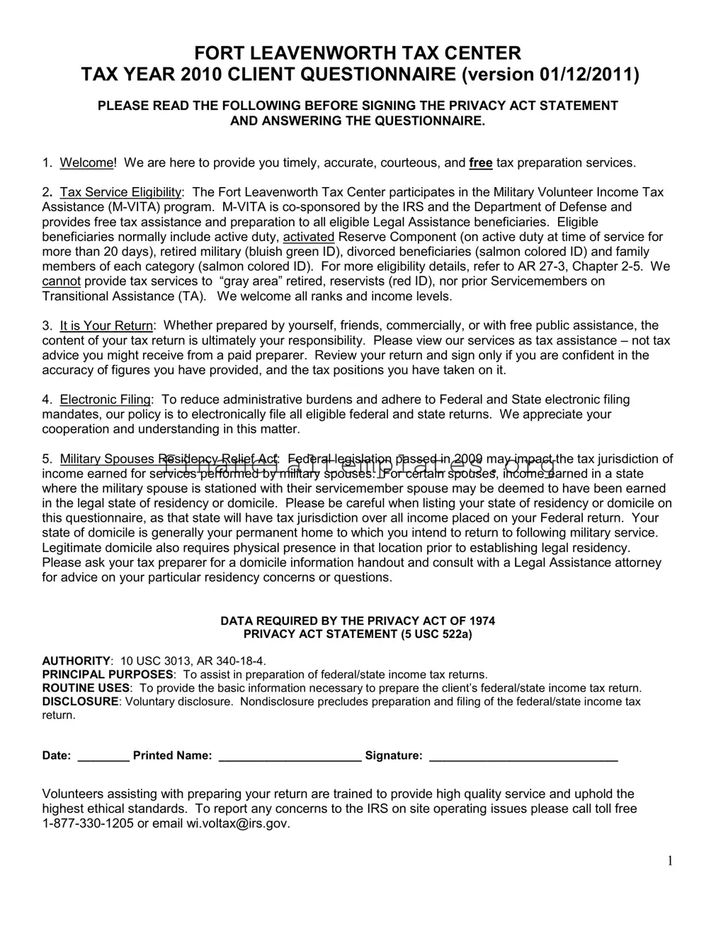 Get Fort Leavenworth Tax Questionnaire Form