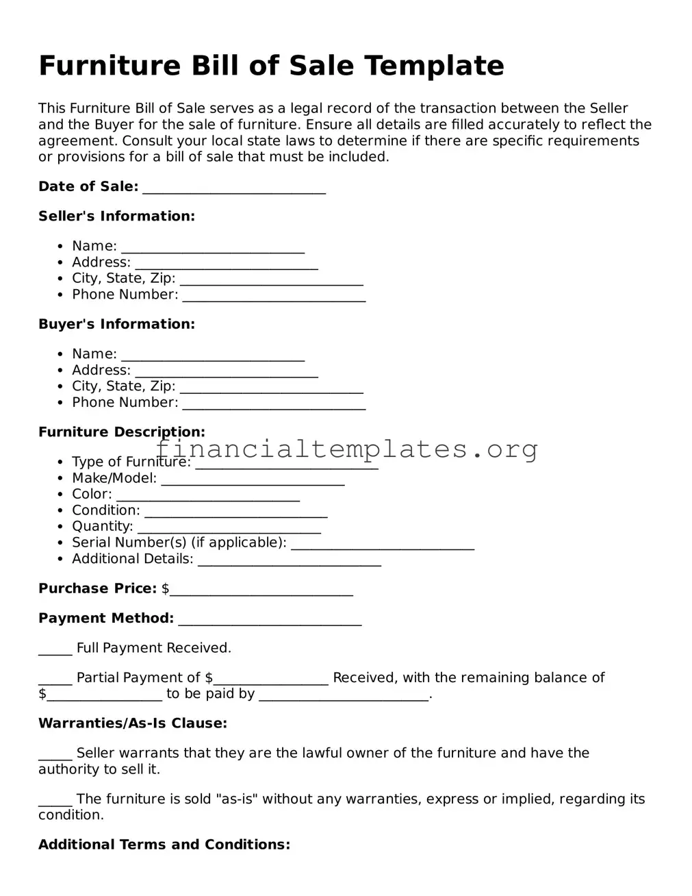 Blank Furniture Bill of Sale Form