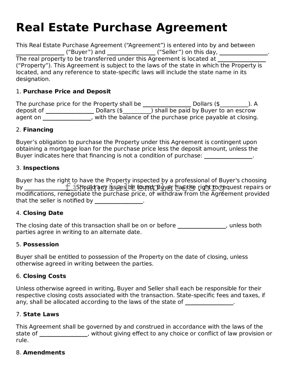 Blank Real Estate Purchase Agreement Form