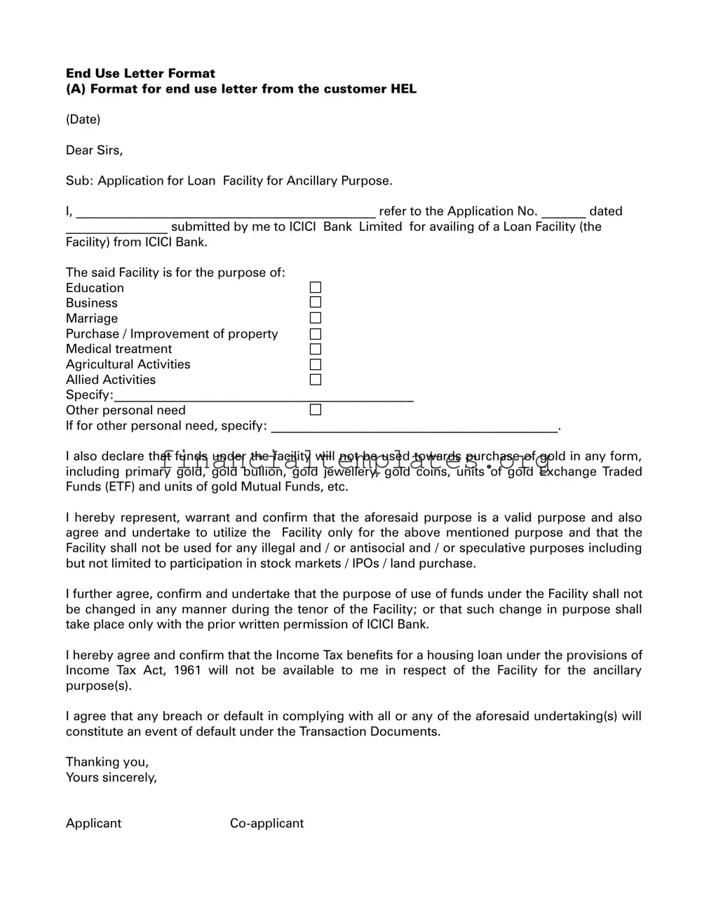 Get Loan End Use Letter Format Form