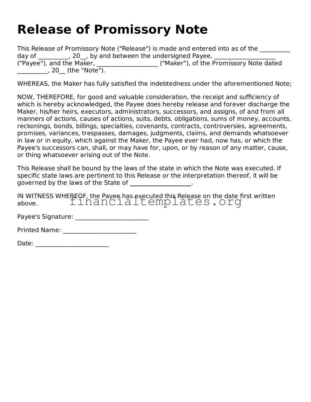 Blank Release of Promissory Note Form