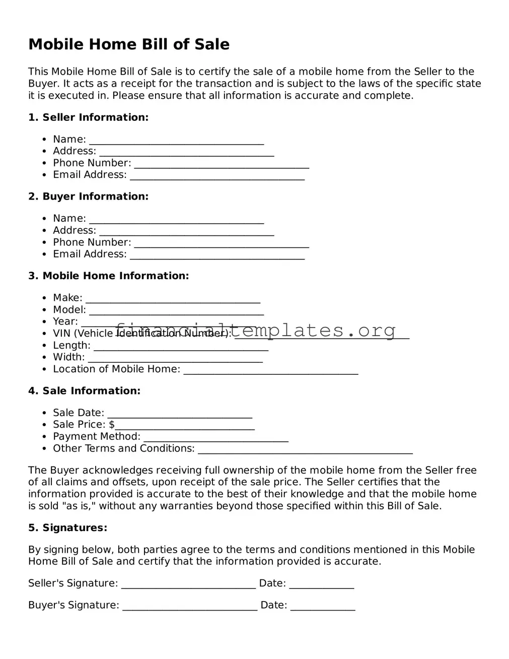 Blank Mobile Home Bill of Sale Form