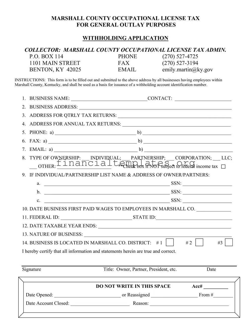 Get Marshall County Occupational License Tax Form