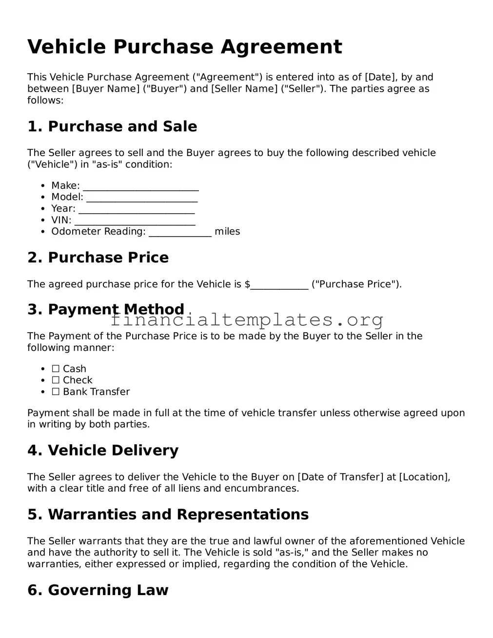 Blank Vehicle Purchase Agreement Form