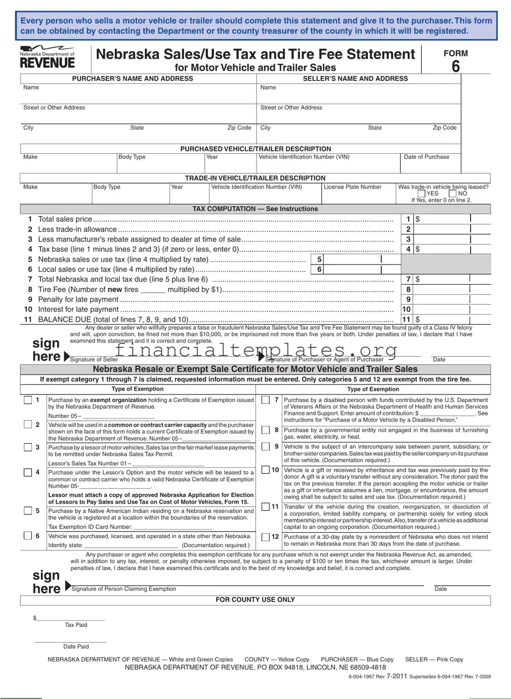 Get Nebraska Sales Tax Statement Form