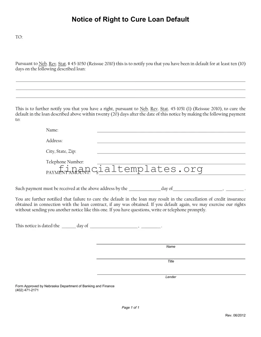 Get Notice Of Right To Cure Auto Loan Letter Form