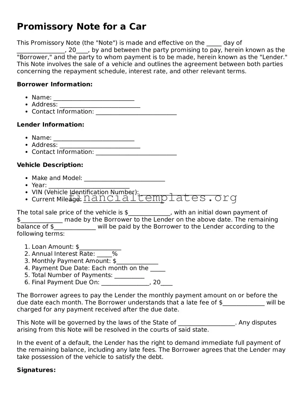 Blank Promissory Note for a Car Form