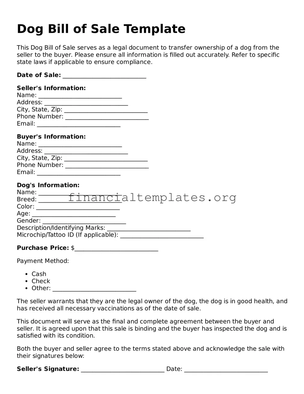 Blank Dog Bill of Sale Form