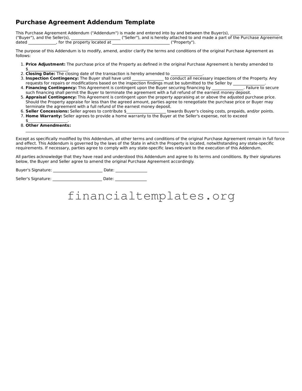 Blank Purchase Agreement Addendum Form