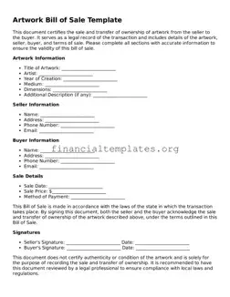 Blank Artwork Bill of Sale Form