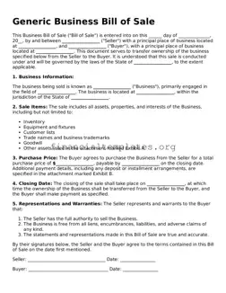 Blank Business Bill of Sale Form