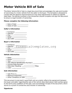 Blank Motor Vehicle Bill of Sale Form