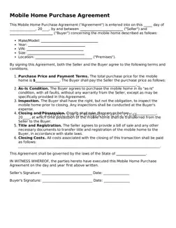 Blank Mobile Home Purchase Agreement Form