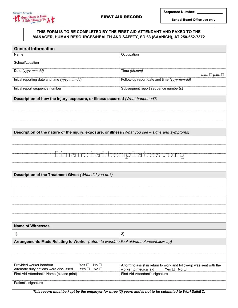 Get Saanich School First Aid Record Form
