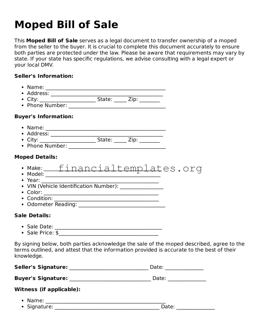 Blank Moped Bill of Sale Form