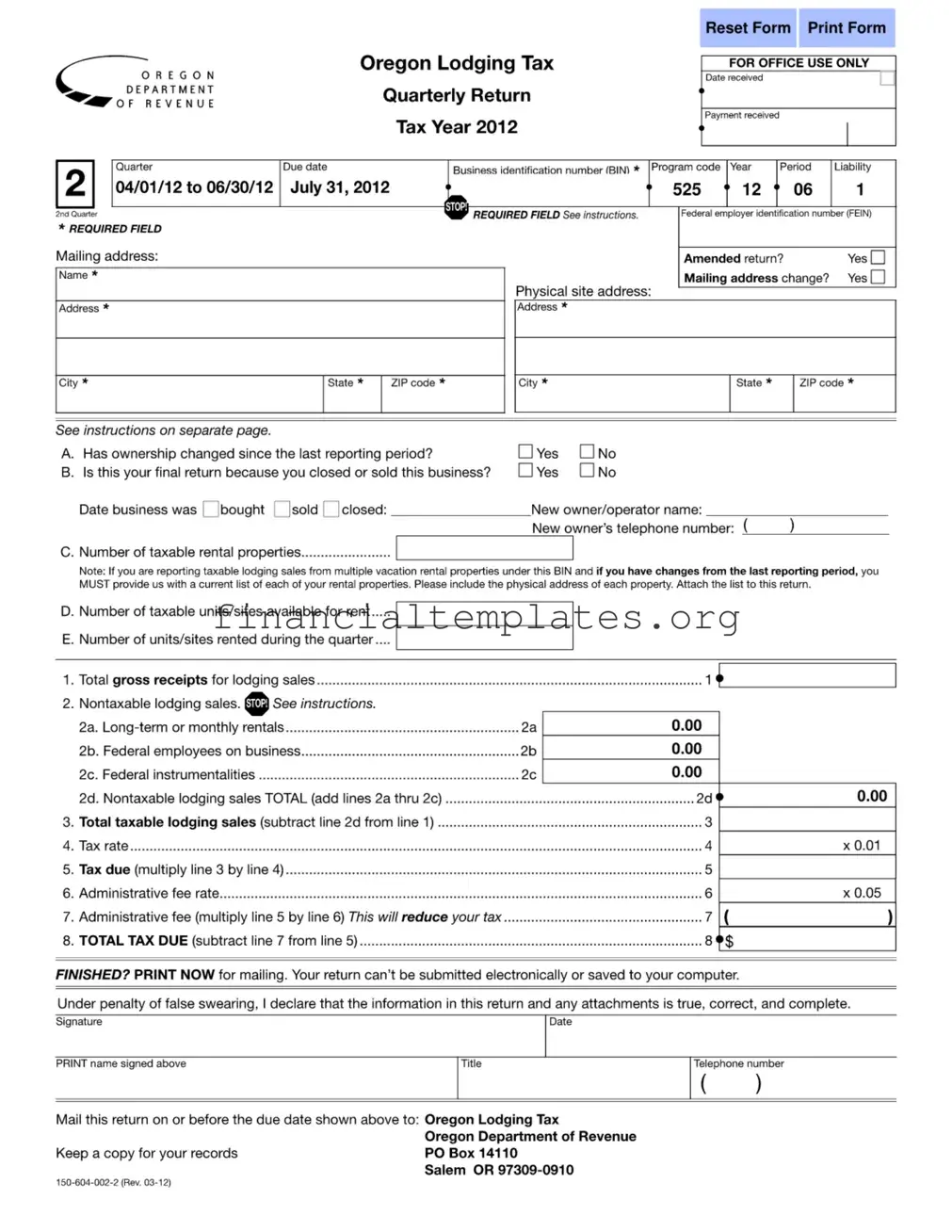 Get State Of Oregon Lodging Tax Form