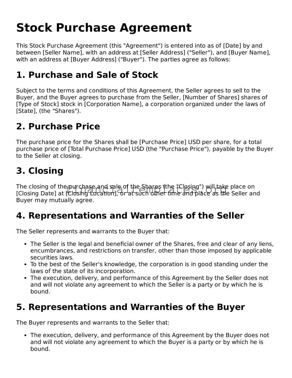 Blank Stock Purchase Agreement  Form