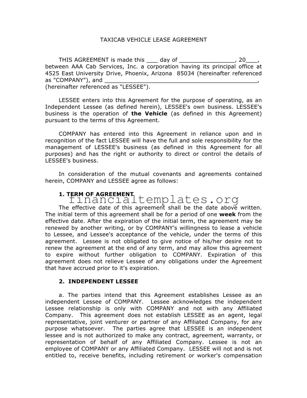 Get Taxi Agreement Form