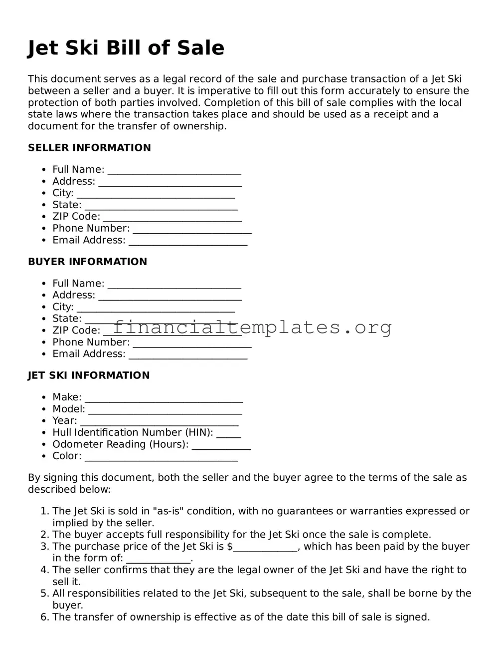 Blank Jet Ski Bill of Sale Form